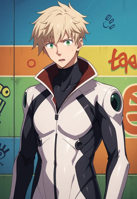score_9, score_8_up, score_7_up, source_anime, cowboy shot, side view, BREAK, ( green eyes, light blond hair, best eyes, male, anime, looking at viewer, uniform jacket, collar up, pilot suit, shocked expression, graffiti background, ) 1boy, male focus, solo, BREAK, mess hall, ship,