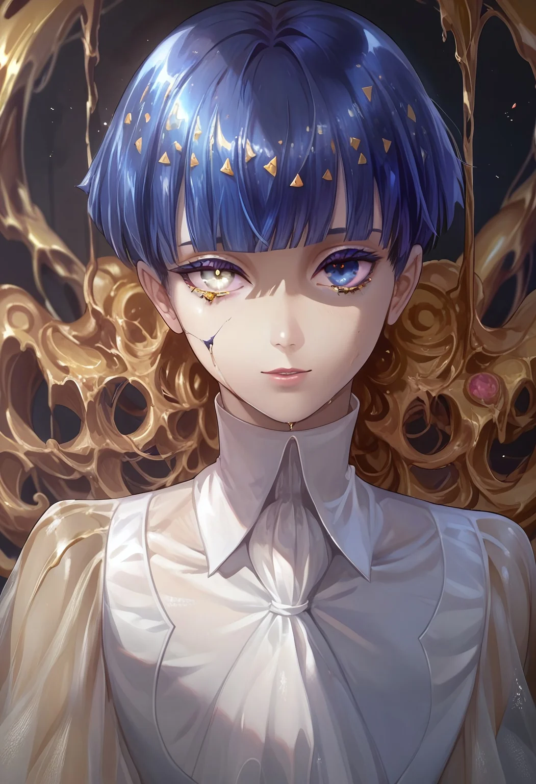 score_9, score_8_up, score_7_up, PhosllXL,androgynous, heterochromia, white eye, blue eye, blue hair, crystal hair, short hair, blunt bangs,golden arms melting, golden arms, see-through sleeves, white bodysuit,