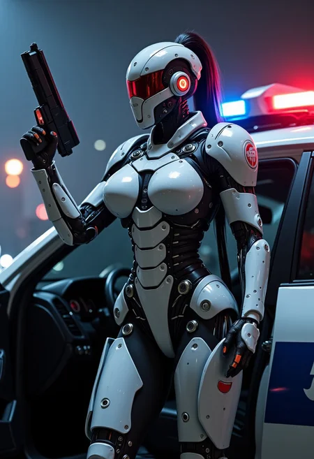 score_9, score_8_up, score_7_up, Ultra detailed digital art masterpiece, Extremely detailed robotics, (cop woman), ((full bionic grey squared armor)), (voluptuous big boobs:1.2), holding rapid fire handgun, getting out of police car, night foggy scene, police red blue lights, raytracing, reflections, greebles, technocore, Laser sharp Immense detail, photoreal, photographic, concept art, cinematic lighting, cinematic composition, rule of thirds,