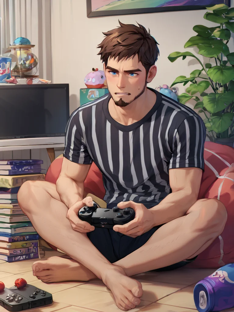 PDXL, <lora:SittingCrossLeggedV1:1>, cr0ssl3gg3d,
1boy, short brown hair, brown beard, blue eyes, black white striped shirt, black sweatpants, sitting cross-legged in a living room, playing games on a tv