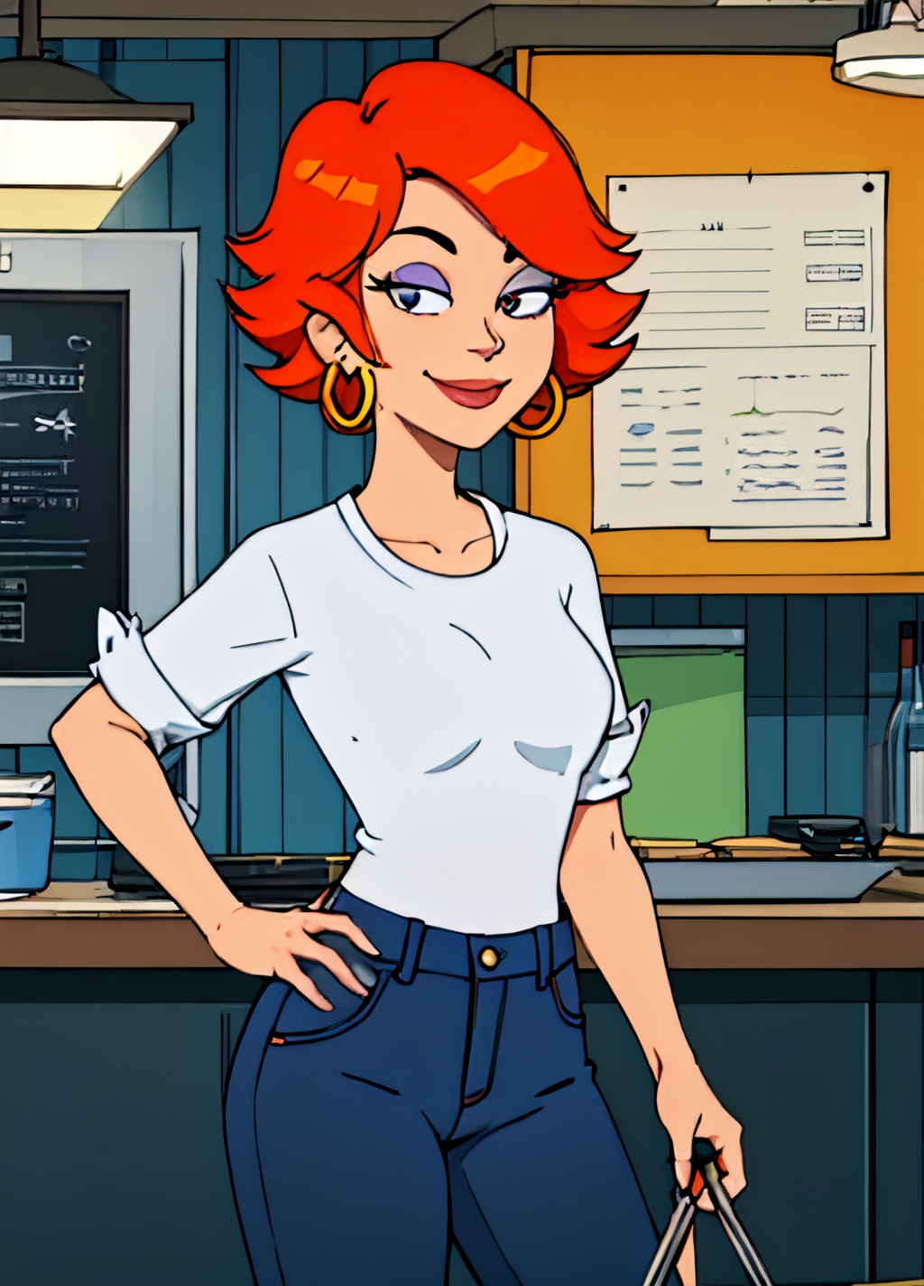 gina,1girl, solo,short hair, orange hair,shirt,pants,hoop earrings, looking at viewer, smile,    <lora:ginaAmericandad-000004:0.65>