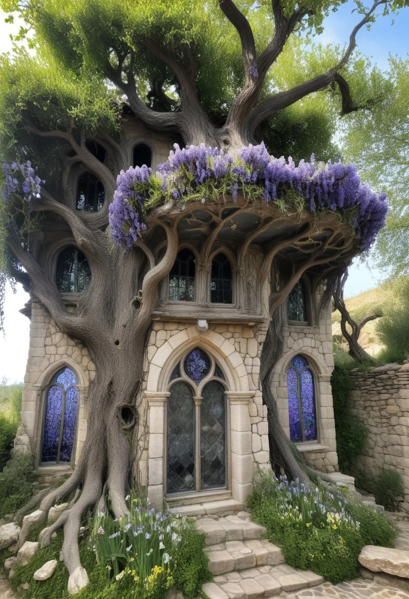 the house hangs from the rocks of shabby , Provence , Gothic, oil, coal, stone , glass , stained glass, irises bloom , boho tiles, Victorian era ,Empire,creepy , sur, stained glass, huge gnarled tree , blooms with flowers