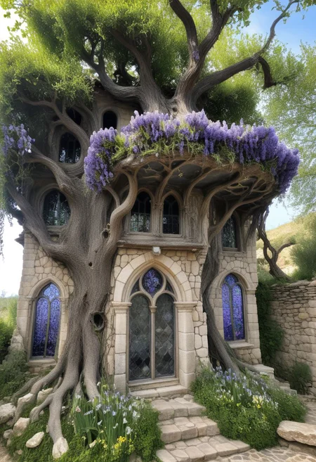 the house hangs from the rocks of shabby , Provence , Gothic, oil, coal, stone , glass , stained glass, irises bloom , boho tiles, Victorian era ,Empire,creepy , sur, stained glass, huge gnarled tree , blooms with flowers