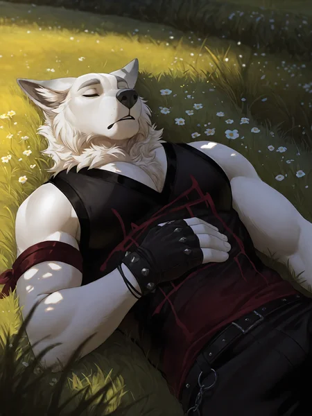 <lora:HarukiIL4:0.8>, haruki, male, solo, edgy outfit, serene, calm, lying, on back, closed eyes, sleeping, grass, tall grass, 
BREAK masterpiece, best quality, amazing quality, very aesthetic,highres, absurdres, detailed background,