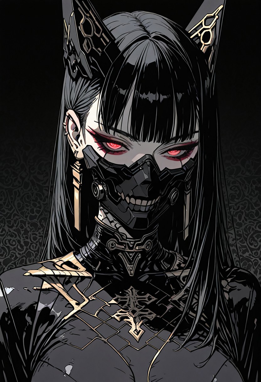 masterpiece, best quality,high quality, newest, highres,absurdres,  Sinozick_illu, This is a highly detailed digital CGI artwork featuring a pale-skinned woman with long, straight obsidian-black hair and sharp bangs framing her delicate yet intense features. She wears an elaborate, futuristic black and gold mask adorned with intricate filigree patterns and cybernetic engravings, seamlessly blending gothic and sci-fi aesthetics. The mask’s glowing crimson eyes pulse with an eerie intensity, while a segmented metallic plate conceals her mouth, adding an enigmatic, machine-like presence. Her piercing gaze is accentuated with dark red eyeshadow, sharp winged eyeliner, and a subtle sheen on her flawless, porcelain-like skin. She is adorned with multiple gold chains draped across her neck and shoulders, exuding a regal, cyberpunk mystique. Gold-plated ear cuffs and delicate metallic embellishments trace her jawline, enhancing her futuristic allure. Her attire features a high-collared, form-fitting black bodysuit with gold circuit-like patterns running along the fabric, reflecting the dim light. The background is a deep, solid black, intensifying the contrast against her luminous skin and intricate accessories. The hyper-polished rendering captures every reflective surface, blending dark elegance with advanced cybernetics in a mesmerizing, otherworldly composition