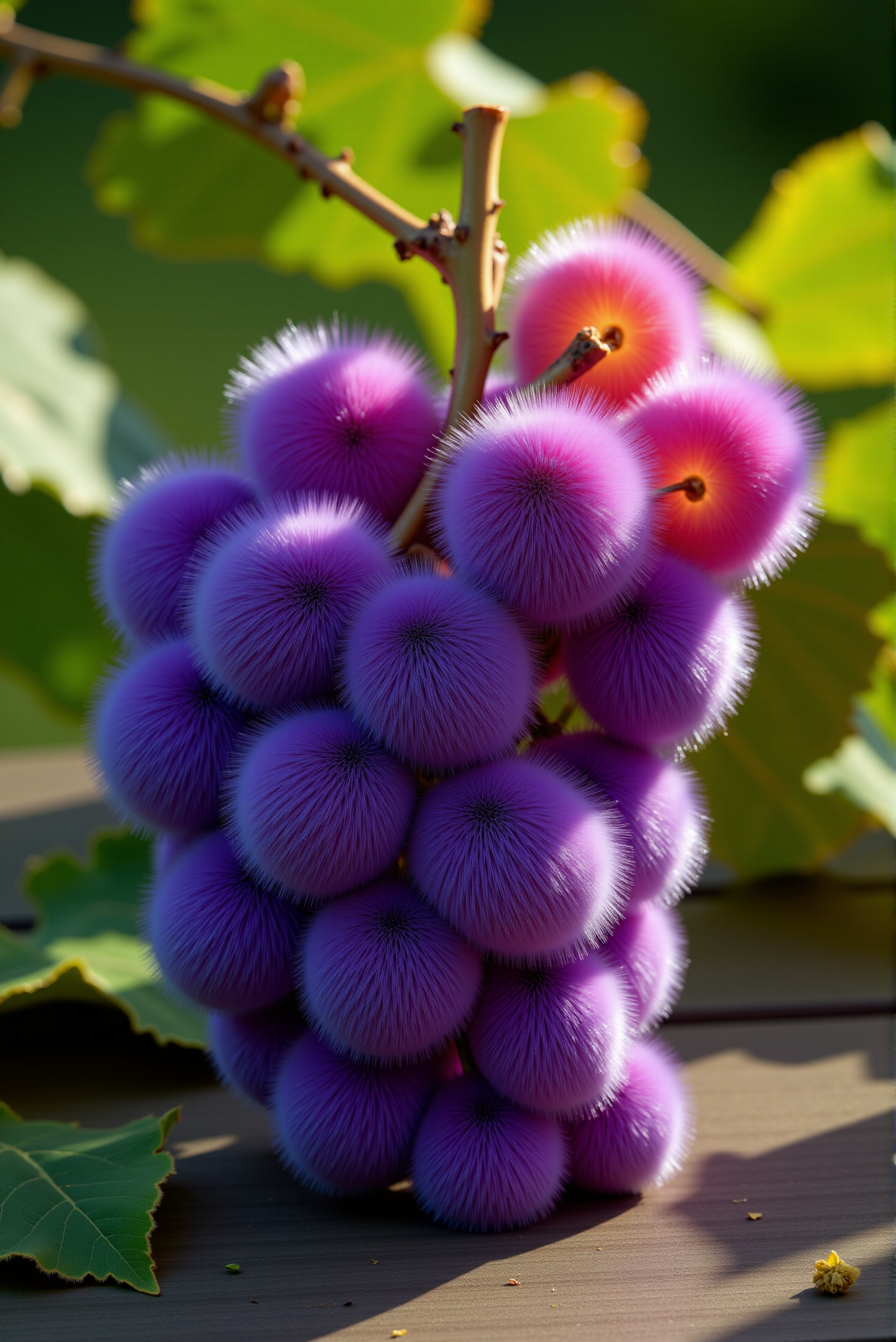 <lora:Fluffy_fur_2:0.9> FluffyFur.  A luscious bunch of grapes, each plump orb covered in airy, semi-long-haired, fluffy fur, the fine strands mirroring the natural gradient of the fruit, transitioning from deep royal purple to velvety indigo, with hints of translucent green where the light touches. The fluffy fur is dense, following the gentle curves and clustered arrangement of the grapes, giving them a surreal yet inviting texture. Tiny, delicate hairs catch the light, creating a soft sheen that mimics the natural dewy glow of freshly picked grapes. The bunch rests on a rustic wooden table, surrounded by scattered vine leaves, with a gentle autumn breeze hinted in the blurred background, adding a sense of warmth and organic harmony to this strange yet oddly natural creation.