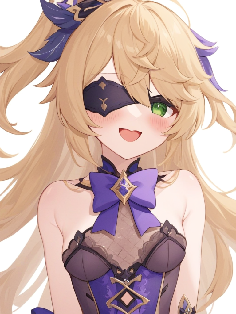 <lora:è²è°¢å°:1>ï¼1girl, fischl_\(genshin_impact\), solo, eyepatch, green_eyes, two_side_up, blonde_hair, breasts, gloves, fang, long_hair, looking_at_viewer, bow, smile, open_mouth, skin_fang, garter_straps, bare_shoulders, purple_bow, white_background, bangs, small_breasts, bowtie, hair_over_one_eye, feathers, hair_ribbon, ribbon, dress, simple_background, medium_breasts, blush