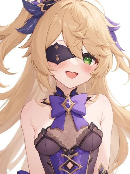 <lora:è²è°¢å°:1>ï¼1girl, fischl_\(genshin_impact\), solo, eyepatch, green_eyes, two_side_up, blonde_hair, breasts, gloves, fang, long_hair, looking_at_viewer, bow, smile, open_mouth, skin_fang, garter_straps, bare_shoulders, purple_bow, white_background, bangs, small_breasts, bowtie, hair_over_one_eye, feathers, hair_ribbon, ribbon, dress, simple_background, medium_breasts, blush