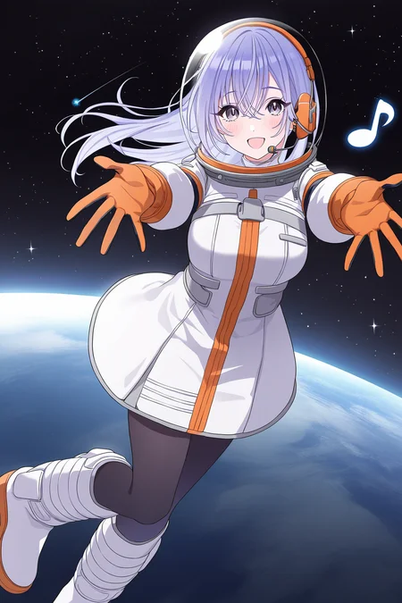 <lora:Suzuki_Hana:1>, Suzuki Hana, long hair, blue hair, hair between eyes, purple eyes, 1girl, planet, earth \(planet\), musical note, space, solo, gloves, open mouth, spacesuit, dress, smile, boots, space helmet, looking at viewer, star \(sky\), breasts, orange gloves, headphones, white dress, short sleeves, white footwear, reaching, eighth note, starry sky, microphone, reaching towards viewer, astronaut, floating, headset, outstretched arm, blush, pantyhose, :d
