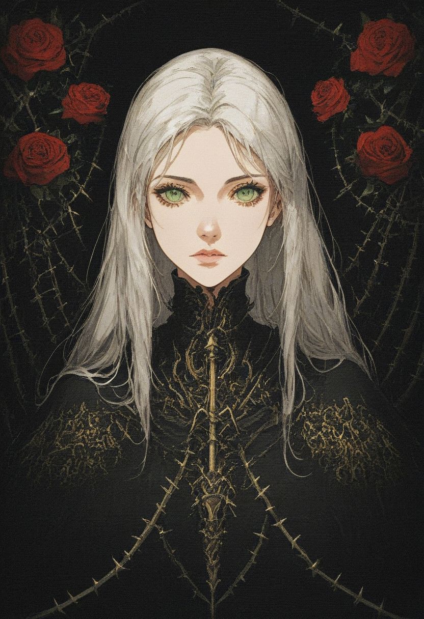 score_9, score_8_up, score_7_up, 
female, long white hair, beautiful face, green eyes,
(dark knight), bulky, heavy, medieval, dark theme, armor, golden sword, golden trim, black cape, 
close up, (full body), (red roses background: 0.7), thorns,
easynegative, xenotr1p,