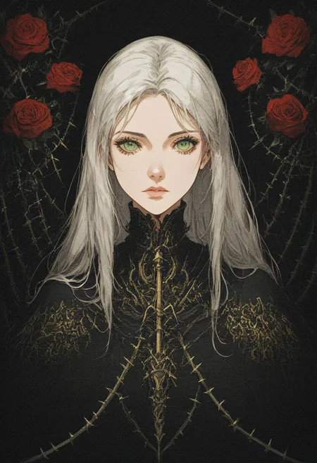 score_9, score_8_up, score_7_up, 
female, long white hair, beautiful face, green eyes,
(dark knight), bulky, heavy, medieval, dark theme, armor, golden sword, golden trim, black cape, 
close up, (full body), (red roses background: 0.7), thorns,
easynegative, xenotr1p,