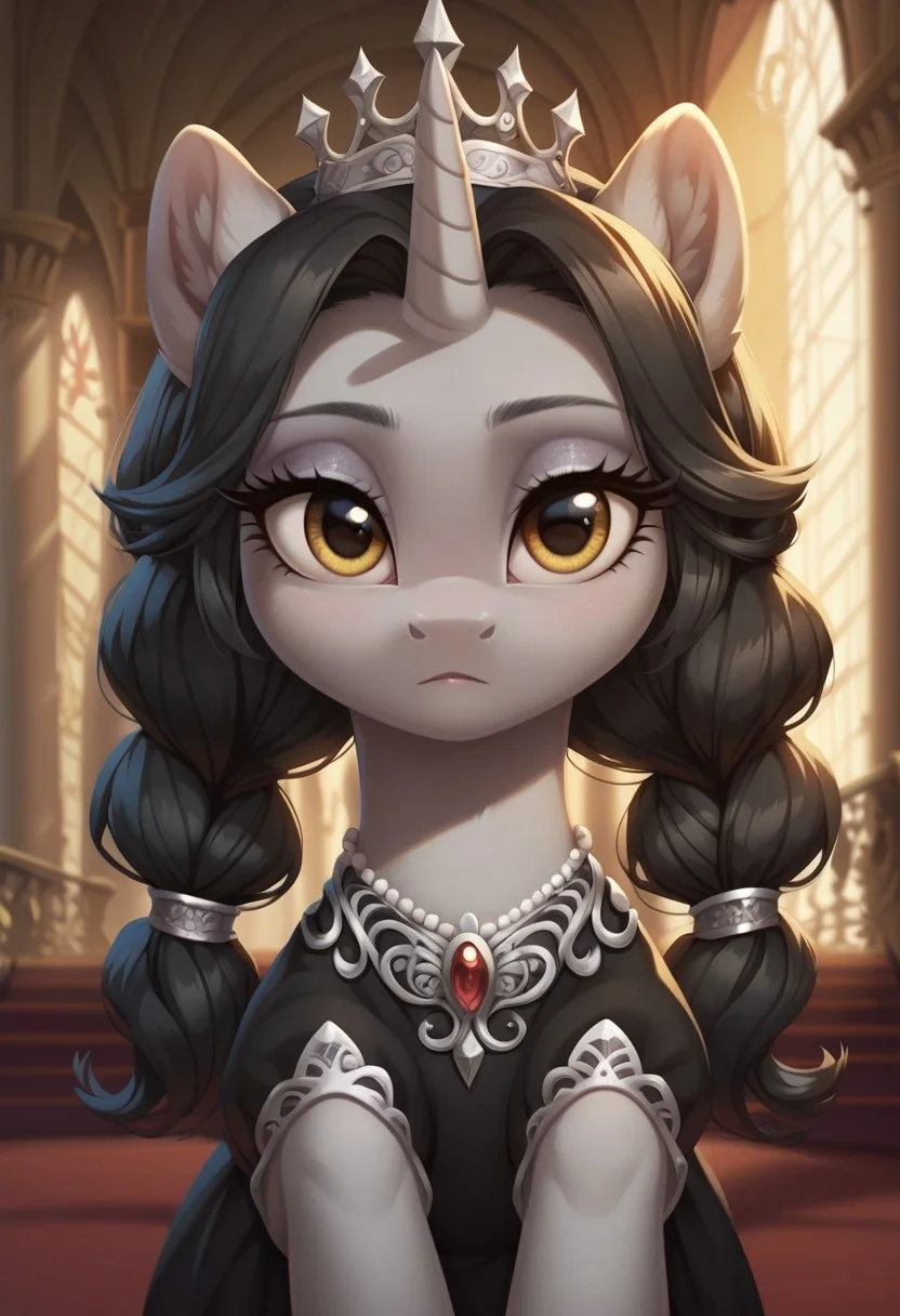 score_9, score_8_up, score_7_up, score_6_up, score_5_up, score_4_up, my little pony, solo, pony, feral pony, Unicorn, black mane, gray skin, yellow eyes, pigtails, young, silver crown, canterlot palace, black dress, face, portrait, face, look at you, beautiful, detailed, detailed fur, beautiful, vector, flat colors, (beautiful long eyelashes), ((close-up)), high angle