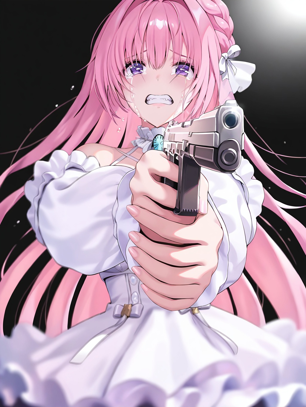 (masterpiece,best quality,ultra_detailed,highres,absurdres:1.2,amazing quality,very aesthetic),<lora:overzone_ilxl_v1-000006:1>,dorothy \(nikke\),1girl,weapon,gun,dress,long hair,holding weapon,pink hair,holding gun,white dress,aiming,holding,handgun,solo,clenched teeth,teeth,aiming at viewer,frilled dress,tears,purple eyes,crying,very long hair,frills,looking at viewer,black background,hair ribbon,long sleeves,ribbon,crying with eyes open