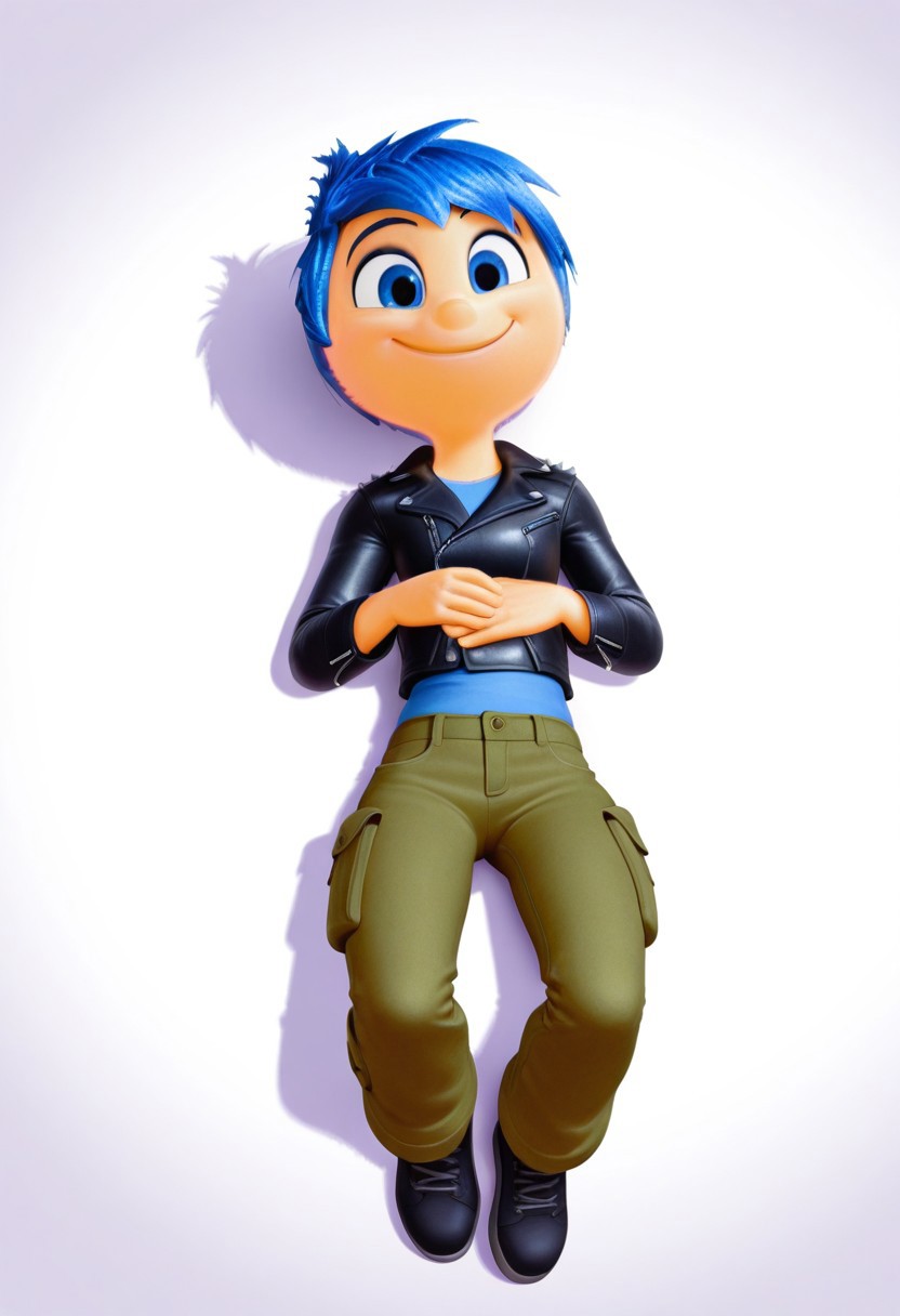 solo, joyemotion, blue hair, spiked hair, leather jacket, cargo pants, laying on back, top view, full body, smile, front view, blank background