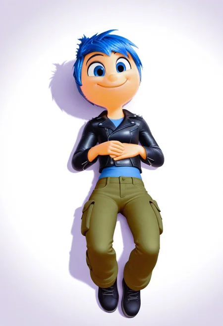 solo, joyemotion, blue hair, spiked hair, leather jacket, cargo pants, laying on back, top view, full body, smile, front view, blank background