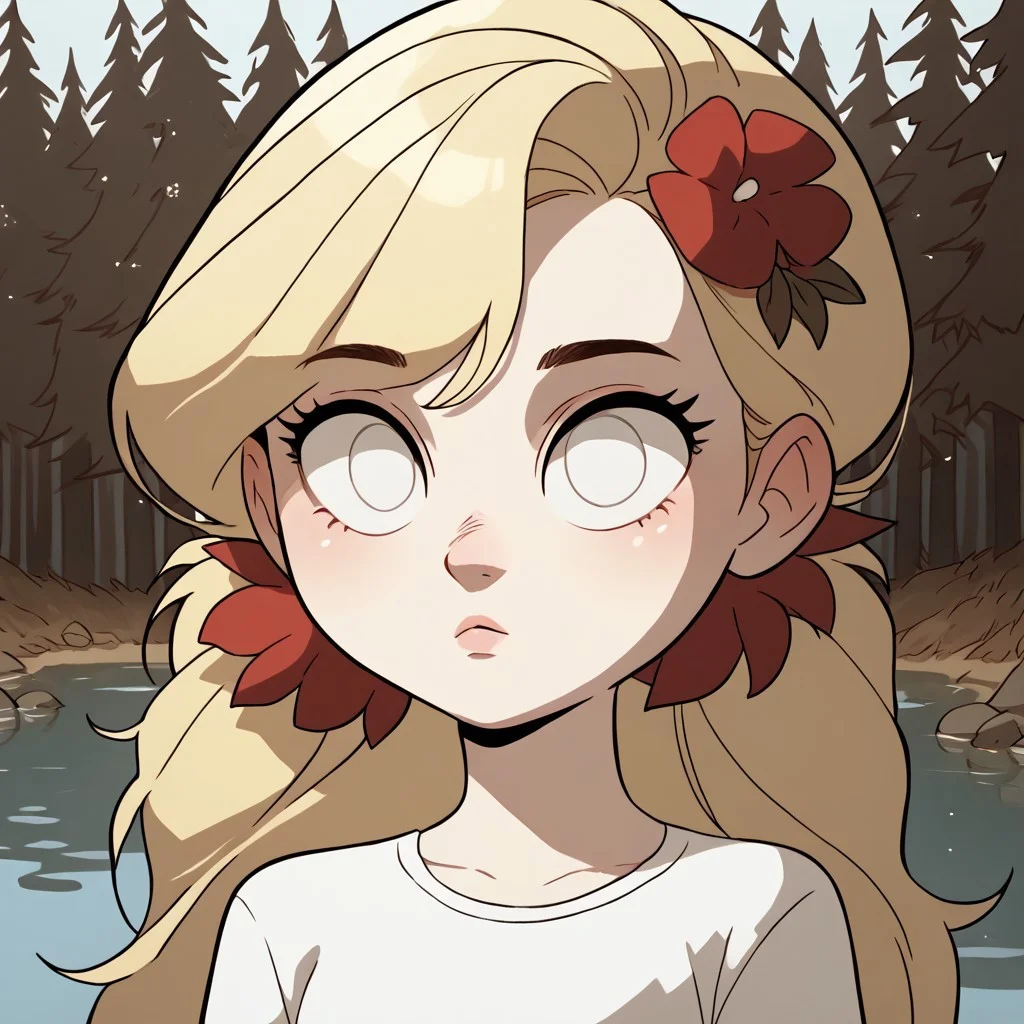 score_9, score_8_up, score_7_up, score_6_up, score_5_up, score_4_up, 1 girl, 
diives
Wendy Carter, Dont starve, white eyes, no pupils, blonde hair, bangs, hair flower
forest,  river, riverside, enf
