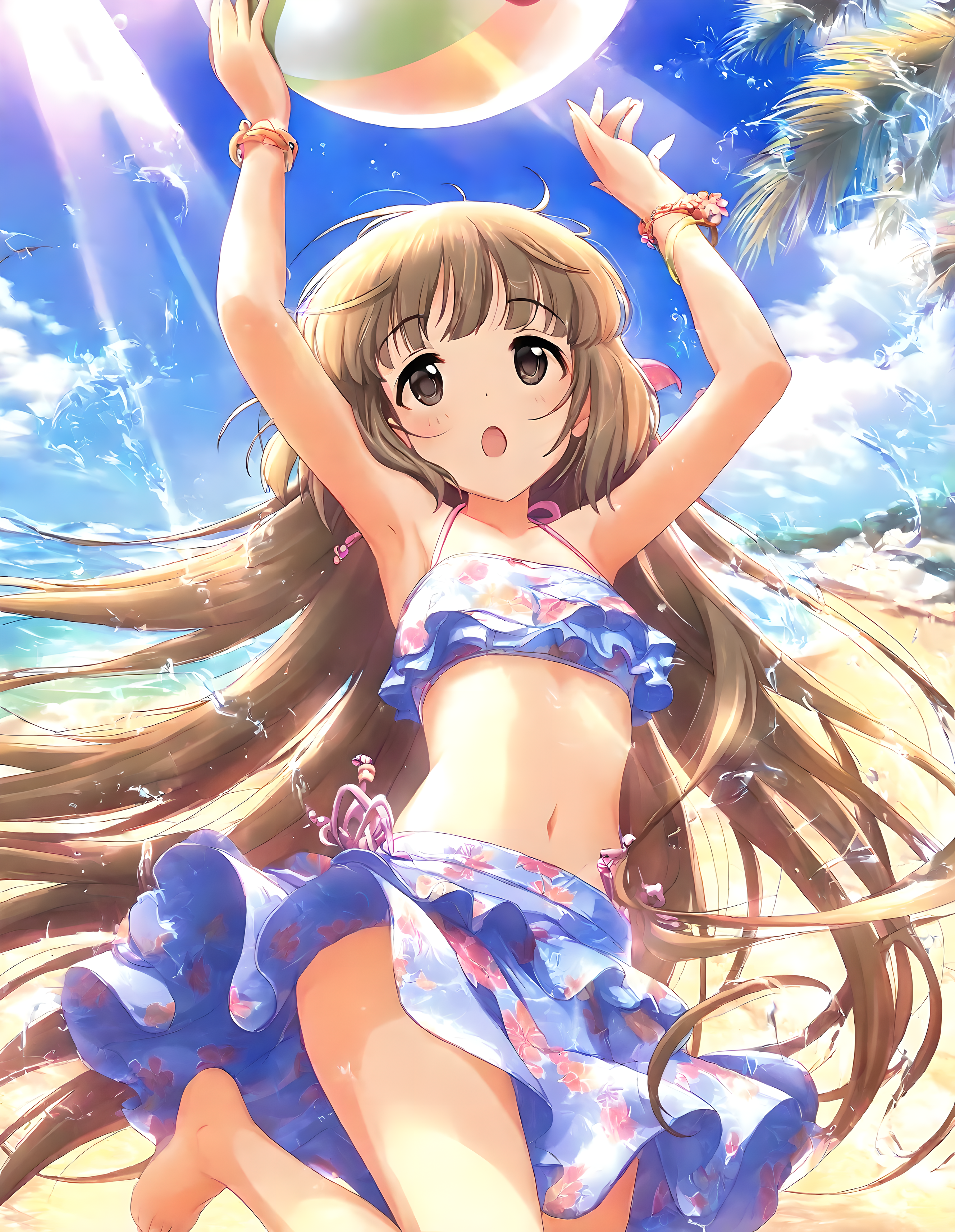 <lora:illustrious_XL_yoshino:0.8>,yoshino,masterpiece,best quality,good quality,1girl,solo,straight_hair,swimsuit,frilled_bikini,floral print,midriff,bikini_skirt,striped,bracelet,jewelry,barefoot,armpits,navel,outdoors,day,blue sky,cloud,beachball,ocean,water,beach,arms up,blush,:o,hair swinging in the wind,fine_fabric_emphasis,wrinkling of clothes,shiny hair,shiny clothes,available light,light leaks,