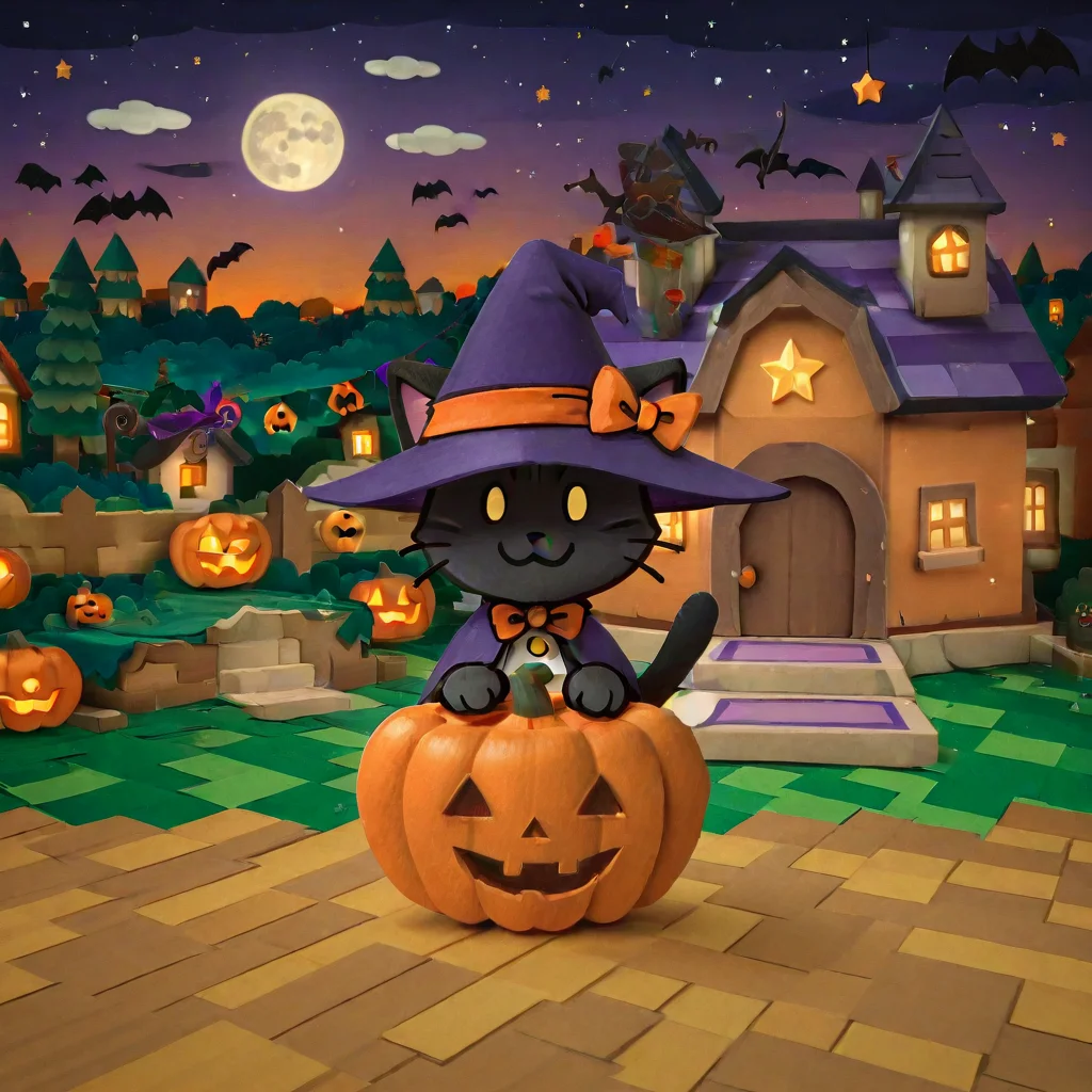 (((stkrstar:1))), furry, cute, solo, 1boy, smile, looking at viewer, solid pupil eyes, cat, forest, black fur, halloween, witch hat, pumpkins, moon, stars, town, halloween town