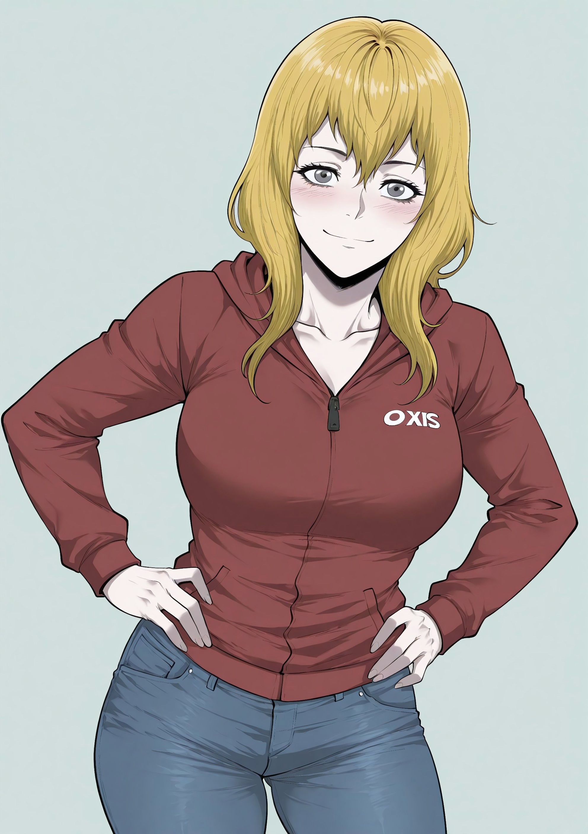 masterpiece, best quality, amazing quality, absurdres, 

j1nm1ny0ung, n0rj1n, 1girl, solo, blonde hair, long hair, grey eyes, collarbone, large breasts, red jacket, hooded jacket, jeans, denim, pink footwear, asics,

smile, standing, hands on the hips, cowboy shot, looking at viewer, standing, blush, simple background, green background,