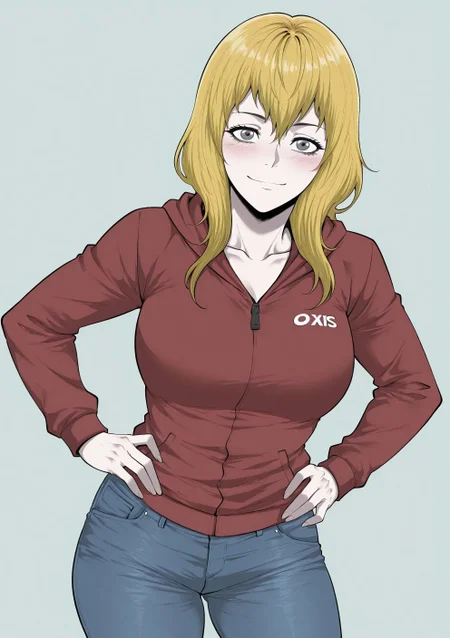 masterpiece, best quality, amazing quality, absurdres,
j1nm1ny0ung, n0rj1n, 1girl, solo, blonde hair, long hair, grey eyes, collarbone, large breasts, red jacket, hooded jacket, jeans, denim, pink footwear, asics,
smile, standing, hands on the hips, cowboy shot, looking at viewer, standing, blush, simple background, green background,