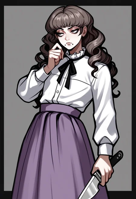 score_9, score_8_up, score_7_up, score_6_up, score_5_up, score_4_up,
BREAK
1boy, otoko no ko, femboy, trap, marina funger, dark brown hair, wavy hair, curly hair, dark grey eyes, long eyelashes, mole under mouth, mouth piercing, black neck ribbon, bored, looking away,
BREAK
solo, standing, holding knife, white shirt, purple skirt, long skirt,
BREAK
black background, simple background, dynamic pose, <lora:Lunas-2n5-Artist-SDXL-A1:1> <lora:Lunas-Marina-Funger-SDXL-A2-000004:1>