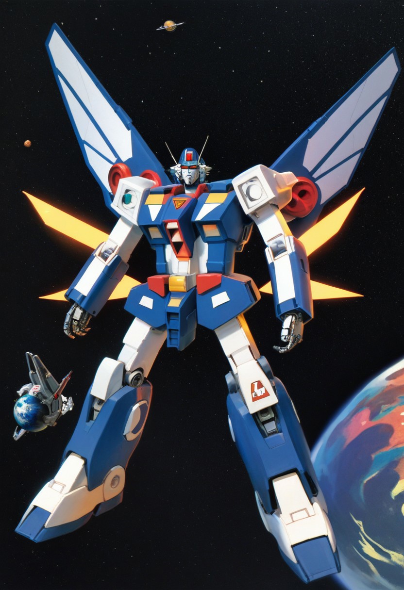 score_9, score_8_up, scoe_7_up, R3TR0SC1F1, retro artstyle, science fiction, mecha, robot, mechanical, glowing, space, planet, gundam, enery weapon, energy wings,