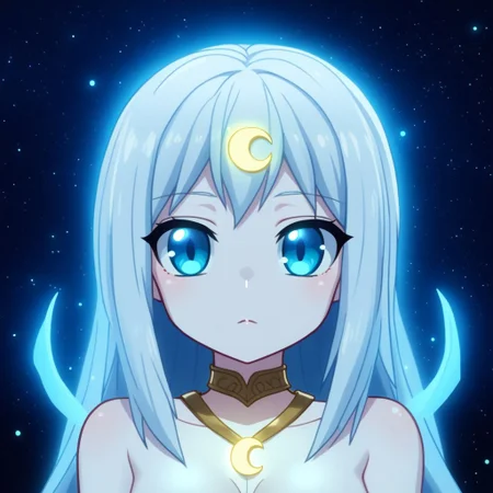 mana_sk style, portrait, focus on face, a calm moonlit guardian girl with silver hair cascading like silk and serene ice-blue eyes, wearing a crescent-shaped pendant that softly glows, her expression tranquil yet watchful, faint auroras glowing in the dark starry background, Japanese RPG style, celestial and peaceful atmosphere, intricate details on her pendant and glowing effects