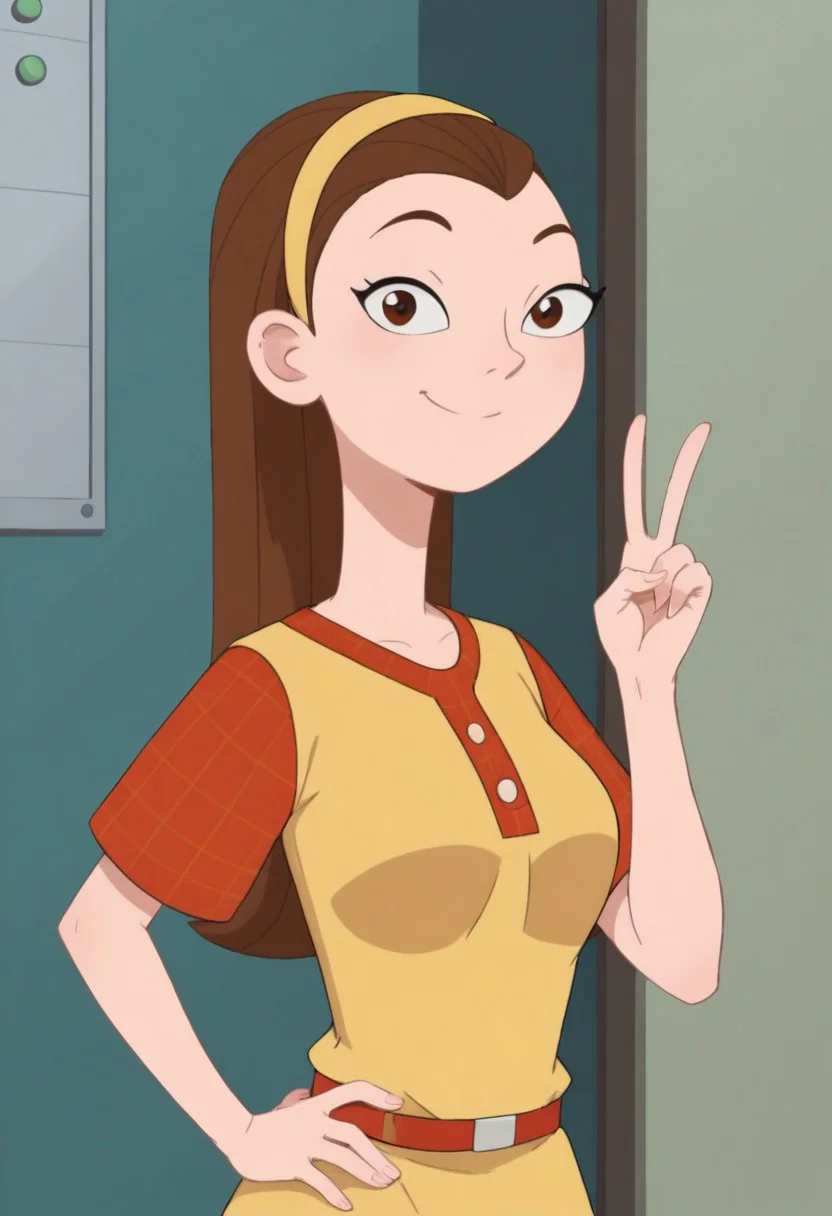 ((room background)),score_9, score_8_up, score_7_up,score_6_up, 
1girl, solo, Lydia_MML, light skin, dark brown eyes, small pointed nose, brown hair, long straight hair, light yellow headband, light yellow sleeveless sweater, red plaid undershirt, red plaid skirt, red belt, white socks, light brown sneakers, average height, big smile, perfect eyes, perfect smile, looking at the viewer, detailed eyes, perfect eyes, standing, big breasts (front pose, bust shot) five fingers, perfect hands, (hand on hip, hand up, v sign)