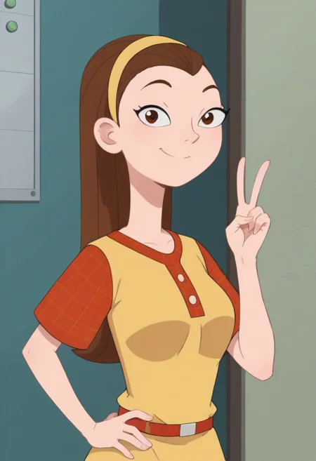 ((room background)),score_9, score_8_up, score_7_up,score_6_up, 
1girl, solo, Lydia_MML, light skin, dark brown eyes, small pointed nose, brown hair, long straight hair, light yellow headband, light yellow sleeveless sweater, red plaid undershirt, red plaid skirt, red belt, white socks, light brown sneakers, average height, big smile, perfect eyes, perfect smile, looking at the viewer, detailed eyes, perfect eyes, standing, big breasts (front pose, bust shot) five fingers, perfect hands, (hand on hip, hand up, v sign)