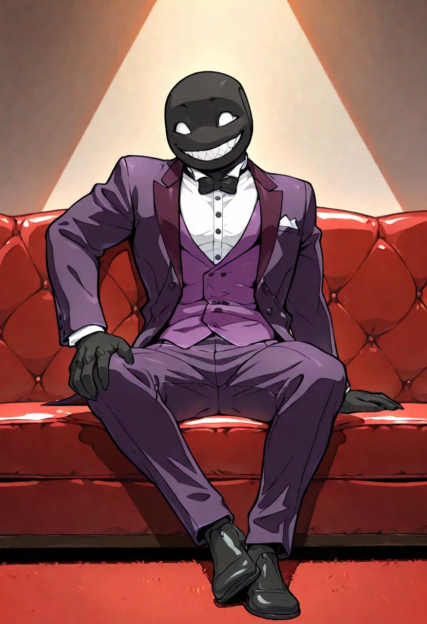 (((beautiful, high quality))), score_9, score_8_up, score_7_up, score_9, score_8_up, score_8, masterpiece, best quality, unrealistically high details, extremely high quality, ultra high detail, good anatomy, best shading, best lighting, ((1boy, solo)), Expressiveh,
Carapacian, male, black skin, white eyes, white teeth, wearing a purple butler uniform with Green and red accent colors, smiling, in a bedroom, sitting on a couch,
