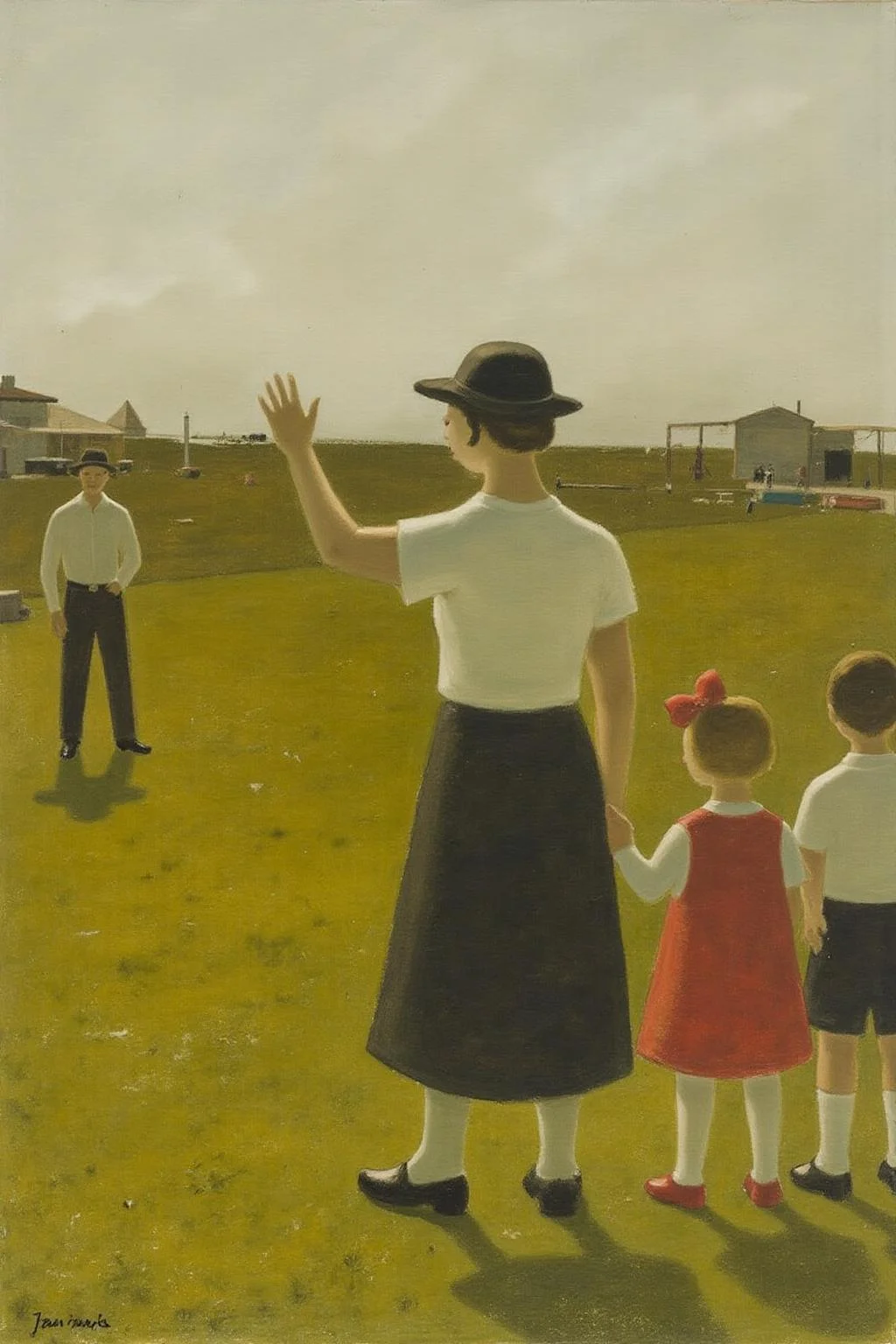 jeanpaullemieux1 painting.
A woman and two children stand with their backs to the viewer in an outdoor setting. The woman wears a white short-sleeved blouse and a dark, knee-length skirt, and she is waving her arm. There is a man standing in the distance. <lora:jeanpaullemieux1_cap_d6a3e8:1.0><lora:841068439243184474:0>
