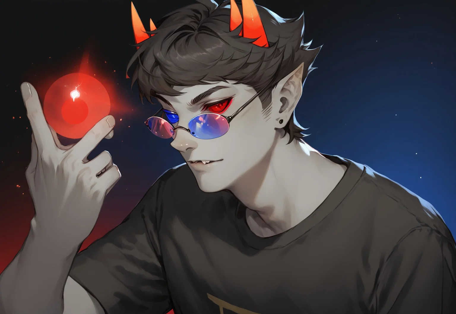 score_9, score_8_up, score_7_up, BREAK,
a fantasy style image at a dynamic angle of a man holding up a finger-gun with an orb of red and blue light forming at the tips of his fingers, Sollux Captor, gray skin, black hair, four horns, red sclera, blue sclera, sunglasses,
