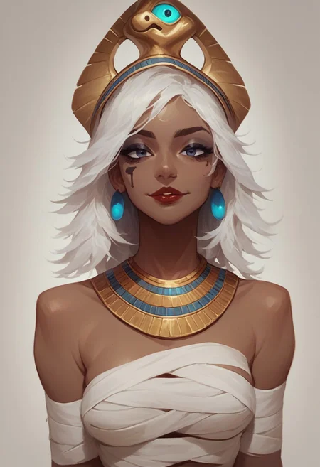 score_9, score_8_up, score_7_up, score_6_up, 
1girl,solo, ,long straight hair,perfecteyes,eyebrows,
mummy wraps, brown skin, Egyptian, pharaoh headdress,kind expresion, eyes loking at viewer,  slight closed smile, pharoh, 1glowing ankh,
reaching out to viewers pov,bandages, 
blacklight, looking at viewer, realistic skin details, white hair, long loose hair, wet hair, dripping, bangs, earrings, necklaces, dark eyeshadow, red lips, realistic photography, very awa <lora:add-detail-xl:0.3>, ra3lyn,
looking at viewer,