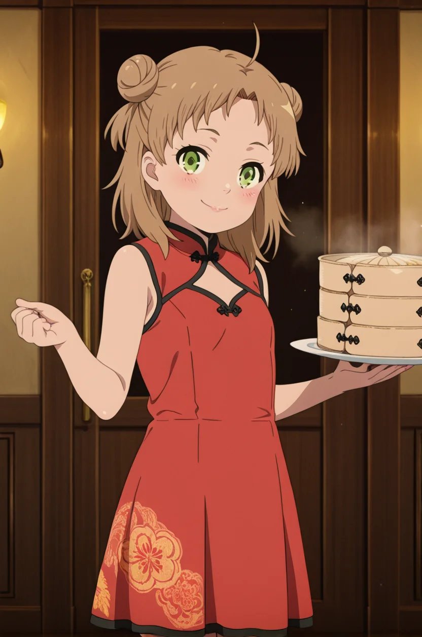 , source_anime, intricate details, masterpiece, high quality, prefect hands, best quality,, 1girl, detailed eyes , solo, anime coloring,
, blush , ,looking at viewer,
cinematic lighting, 
<lora:rudy_yyy_illustrious:1> rudy, ahoge ,medium hair , brown hair, green eyes , 1girl , gender bender , small breast , lips , eyelashes , sexy ,  smile , 
 <lora:china dress_illustrious_V2.0:1> jyojifuku, china dress, double bun,skirt, red dress, sleeveless ,  Chinese restaurant, indoors, having plate, Chinese steamer on plate,