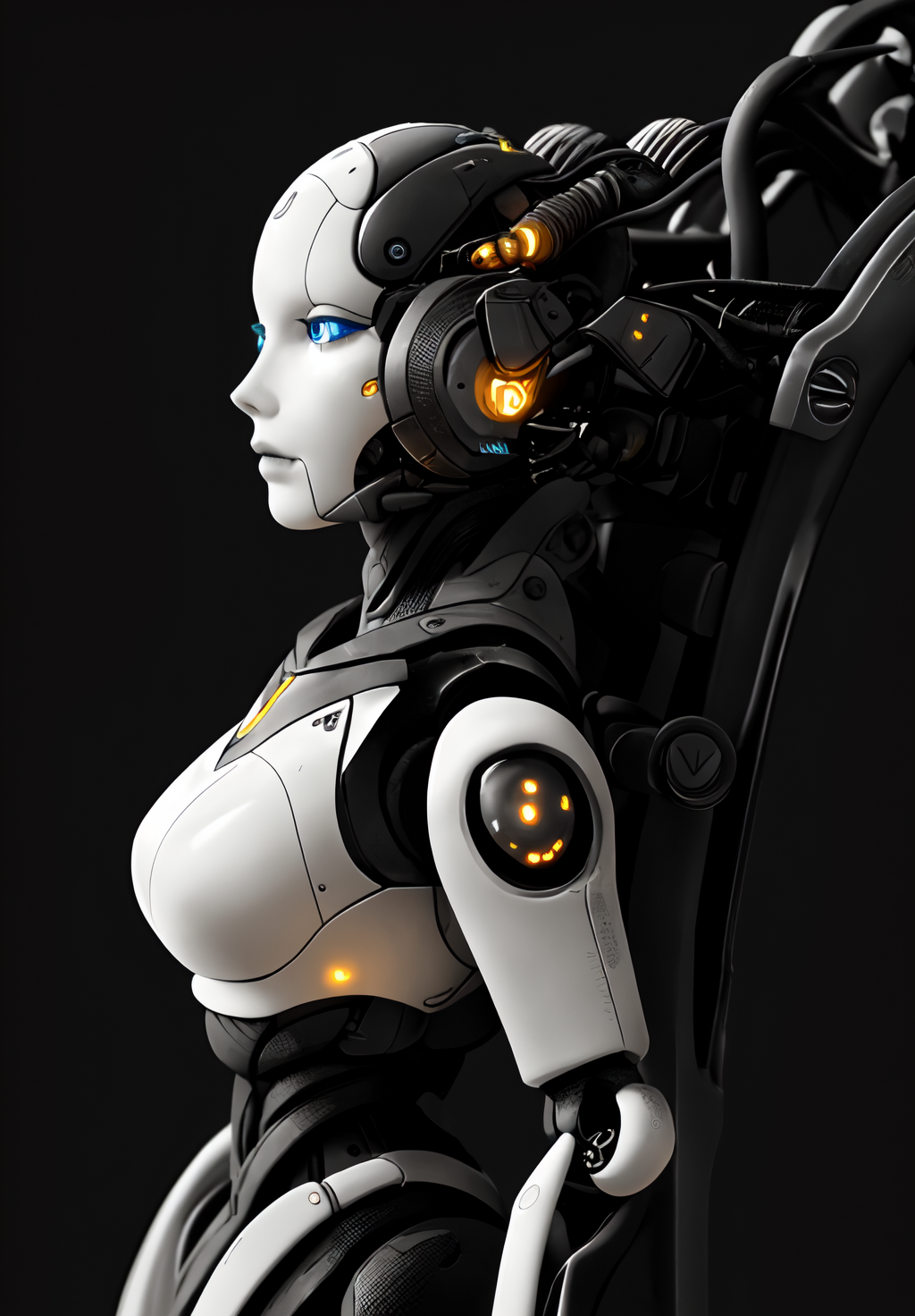 beautiful, masterpiece, best quality,perfect lighting, <lora:Adjutant:0.8>, Adjutant, 1girl, solo, from side, black background, machinery, joints