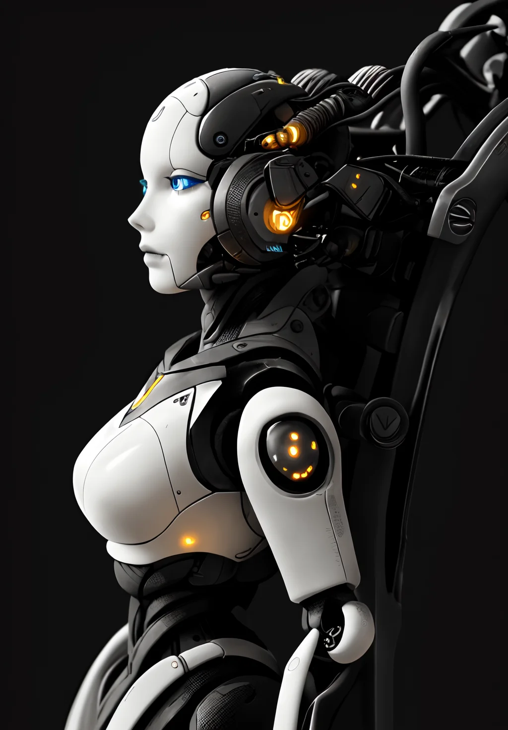 beautiful, masterpiece, best quality,perfect lighting, <lora:Adjutant:0.8>, Adjutant, 1girl, solo, from side, black background, machinery, joints