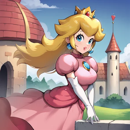 score_9, score_8_up, score_7_up,score_5_up, score_4_up (Source anime), (rating questionable), <lora:PrincessPeachXL:1>, 1girl, solo, princess peach walking in the castle, wearing pink dress, white elbow gloves, large breasts, wide hips, anime style, retro style, 2d art, masterpiece, best quality, pony tail, crown, blonde hair, blue eyes, detailed eyes,