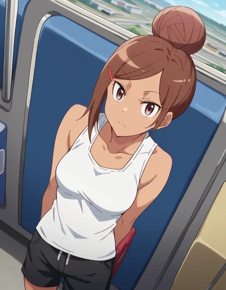 score_9, score_8_up, score_7_up, source_anime, <lora:ayaka-uehara-s1-ponyxl-lora-nochekaiser:1>, ayaka uehara, brown hair, hair ornament, brown eyes, hairclip, dark skin, hair bun, dark-skinned female, single hair bun, medium breasts,, shirt, white shirt, shorts, sleeveless, sleeveless shirt, black shorts, tank top,, train station, waiting for train, suitcase, traveling, commute, city skyline, hands behind back,, , looking at viewer, from above,, solo,, cowboy shot, dutch angle,