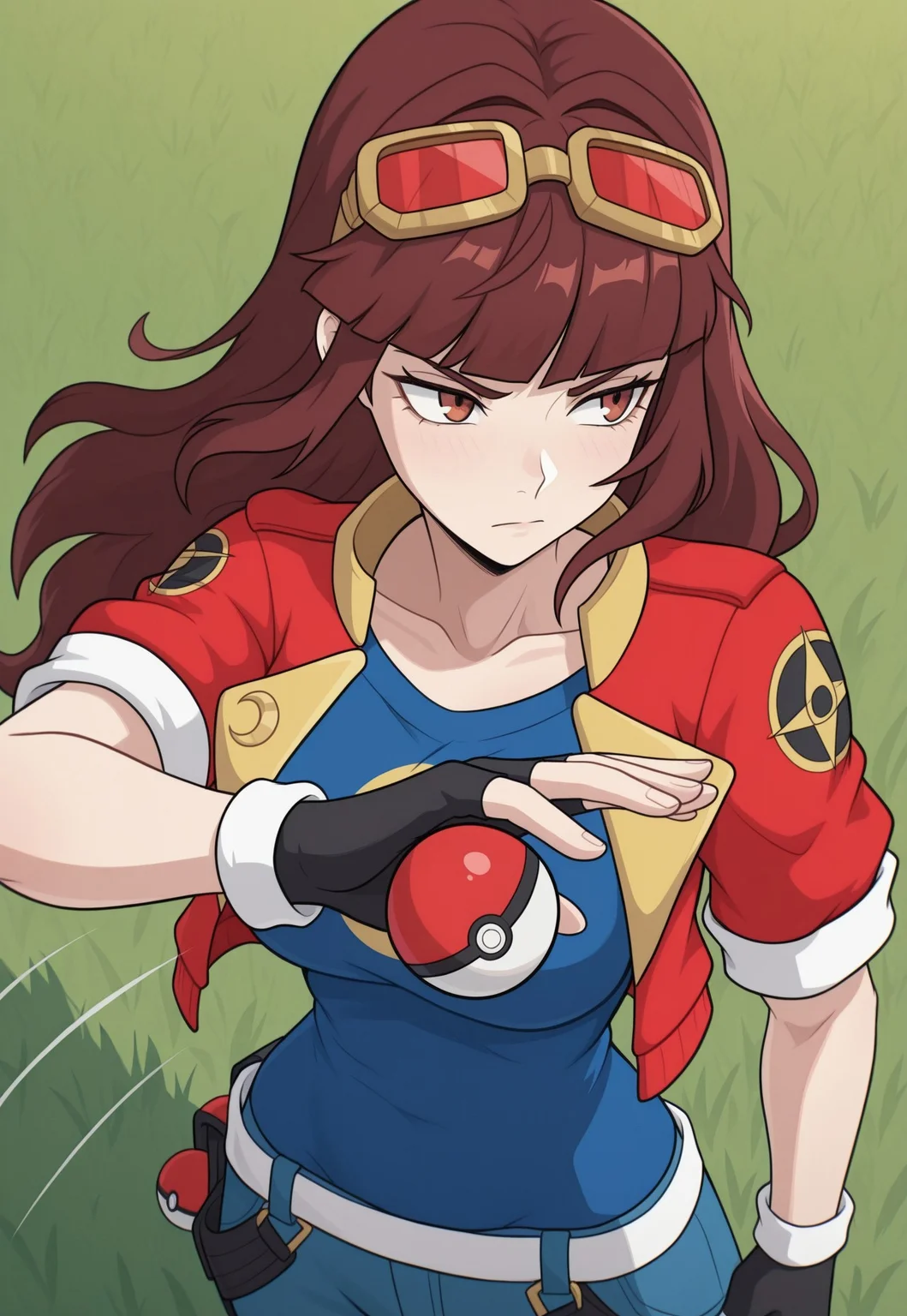 masterpiece, best quality, newest, absurdres, highres, luna-utopus, long hair, brown hair, brown eyes, blunt bangs, fingerless gloves, red jacket, eyewear on head, black gloves, open jacket, cropped jacket, goggles on head, blue shirt, crescent on shirt, short sleeves, solo, alone, outside, grass field, serious look, throwing pokeball, throwing motion