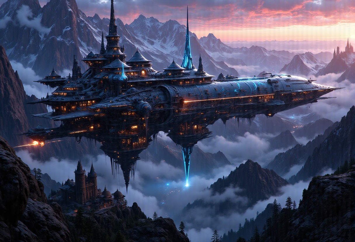A breathtakingly intricate massive spaceship hovers majestically in the twilight sky above a vast mountainous valley. Its design is a fusion of advanced futuristic technology and ornate, almost cathedral-like detailing, with glowing energy lines tracing elegant patterns across its immense hull. Below, a misty valley stretches far and wide, with towering peaks bathed in the soft hues of twilight—deep purples, blues, and warm oranges blending seamlessly. In the distance, a grand medieval castle stands atop a rocky outcrop, its spires silhouetted against the fading light. Wisps of clouds drift around the spaceship, illuminated by its soft ambient glow, casting ethereal shadows. The atmosphere is serene yet awe-inspiring, with a mystical, almost dreamlike quality. The composition is cinematic, with a sense of scale that emphasizes the sheer grandeur of the ship against the timeless landscape. High detail, ultra-textured, 8K resolution, atmospheric depth, concept art, mysterious and adventurous tone. anime, cyberpunk, DB4RZ, DB4RZ style painting, in the style of cksc,