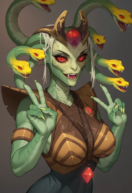 score_9, score_8_up, score_7_up, score_6_up, score_5_up, score_4_up, 1girl <lora:MedusaDota2:0.8> solo, large breasts, green skin, colored skin, red eyes, colored sclera, glowing, snake, snake hair, scales, monster girl, smile, laugh, v sign, looking at viewer, upper body,
bedroom background,