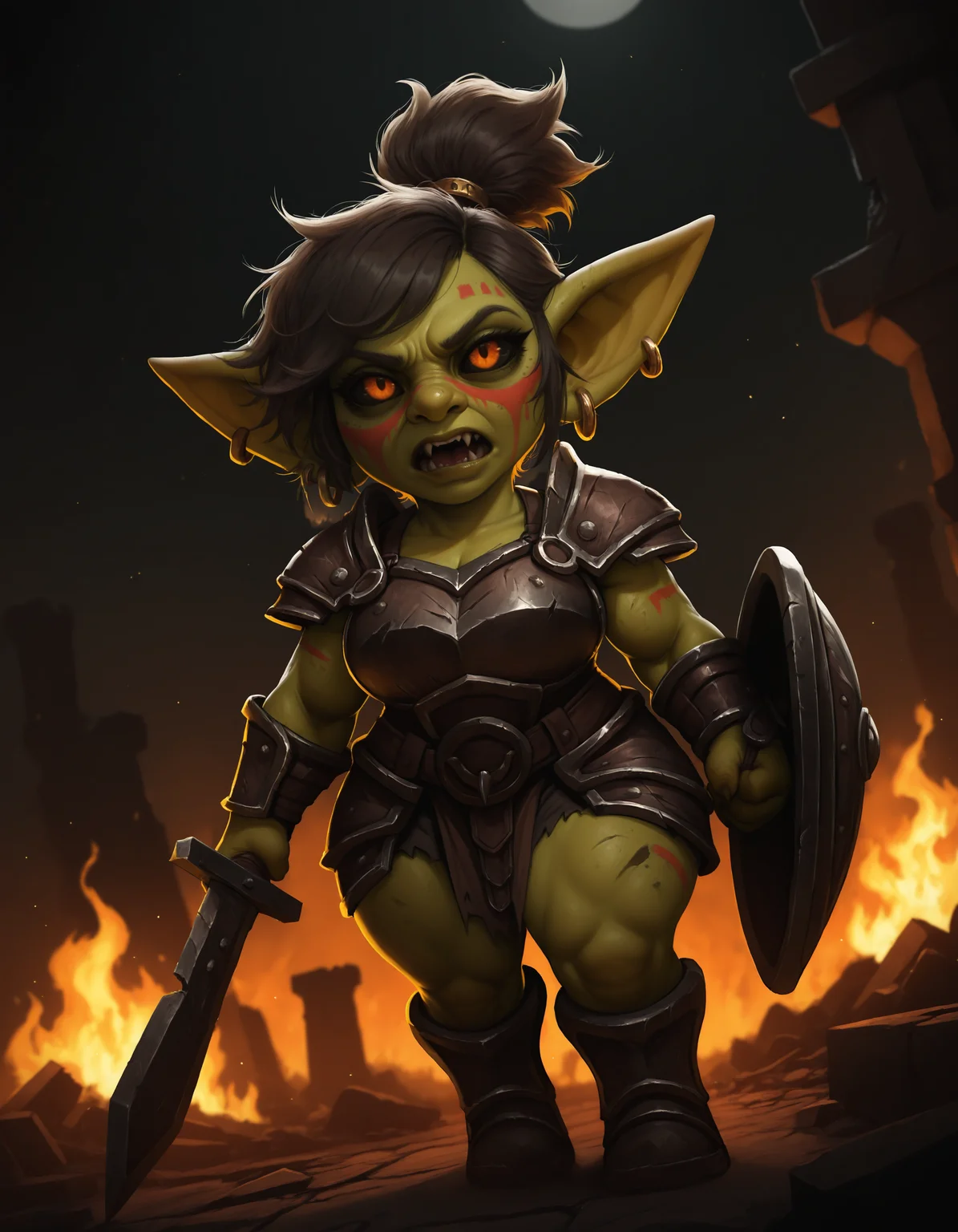 masterpiece, best quality, newest, absurdres, highres, solo, <lora:Gobbo_Style_Type2a:0.7>, gobbostyle2, volumetric lighting, battlefield, outdoors, night, light particles, fire, ruins,
1girl, female goblin, (shortstack:1.2), plump, mature female, wrinkled skin, big nose, black sclera, orange eyes, head tilt, muscular arms, armor, crude sword, short sword, body paint, face paint, earrings, dutch angle, open mouth, serious, holding shield, bracer, hair ornament, messy hair, short ponytail, swept bangs, 4 fingers