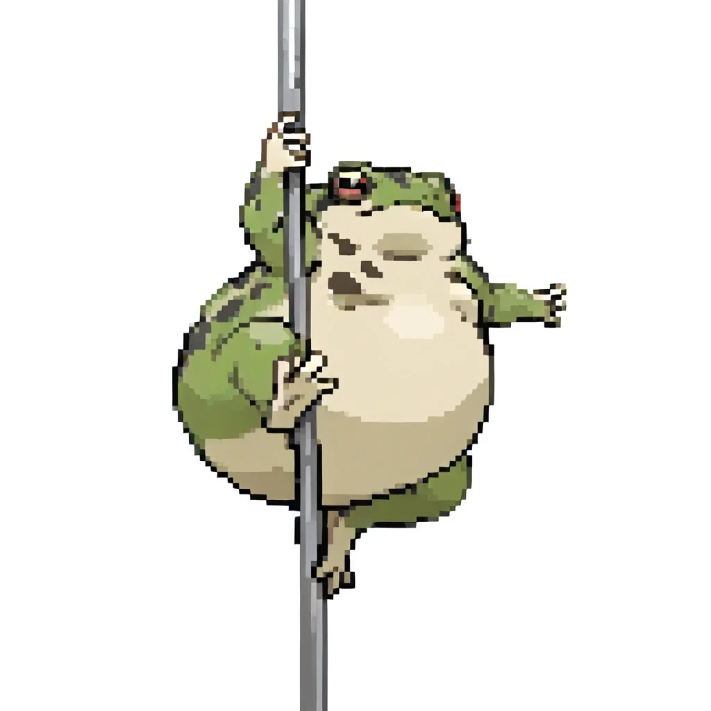 (masterpiece, best quality, high quality, highres), very awa, highres, absurdres, pokemon, pokemon \(species\), (no humans:1.1), (solo:1.2), full body,
DRFTPFV1.0, frog, desert rain frog, african rain frog, animal, animal Focus,
pole dancing, fat,
simple white background,