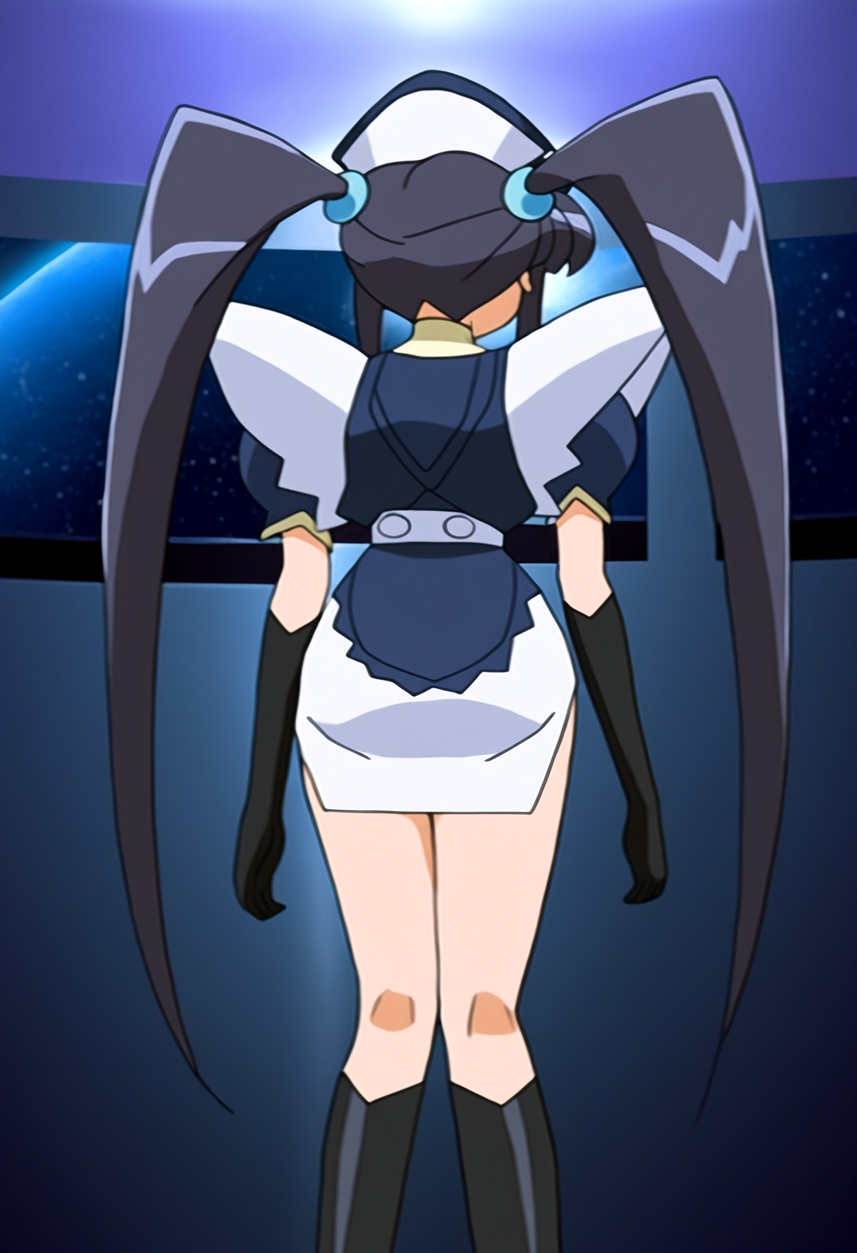 high quality, highres,1girl, paiway underberg, solo,red eyes,looking at viewer, paiway outfit,long hair, bangs, black hair, twintails, ponytail, blunt bangs, nurse cap,  gloves,indoors, space,  knee boots,standing, from behind,
