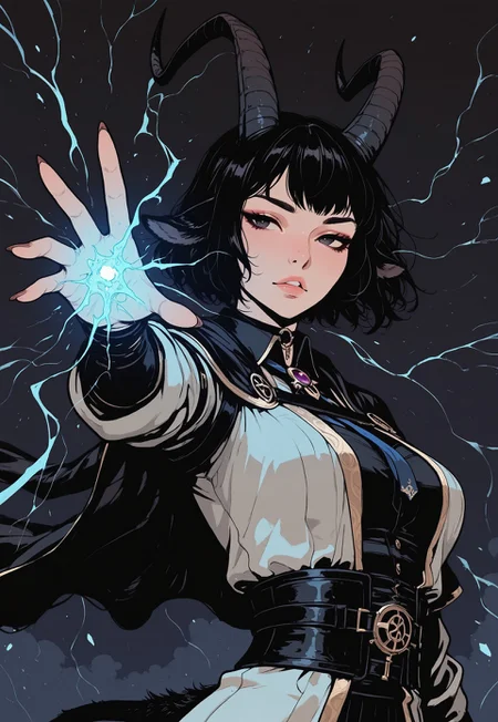 score_9, score_8_up, score_7_up, masterpiece, best quality, very aesthetic, detailed face, (dynamic:1.1), incoth, (incase:0.6), partial illumination, thick linework, illustration, 1girl, demonic goat girl, black hair, slanted bob, black, dark, casting spell, arcane, horny, spaded tail, horns, upper body, angle, three-quarter view, reaching out, clean, animal ears, d41z3n