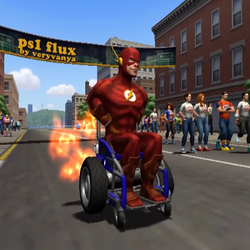 ps1 game screenshot, the flash in a wheelchair, winning the boston marathon, hot streaks behind him as his wheelchair drives across the finish line, there is a banner overhead at the finish line with text ps1 flux by veryvanya, the flashs wheelchair is sleek and high-tech, with glowing blue accents and a bold, red stripe running along the side, his iconic red and gold costume is torn and worn, but still vibrant, with a few loose threads and scorch marks, the finish line is crowded with cheering spectators, the sky above is a bright, sunny blue, with a few puffy white clouds, the flashs face is set in a determined expression, his eyes fixed intently on the finish line, his arms are muscular and toned, with a few scars and bruises visible, the wheelchairs wheels are blurred, conveying a sense of speed and motion, the hot streaks behind the flash are long and curved, like a comets tail, and are colored in shades of orange, yellow, and red, the banner overhead is made of a shiny, metallic material, and the text ps1 flux by veryvanya is written in bold, graffiti-style letters