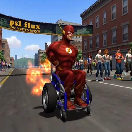 ps1 game screenshot, the flash in a wheelchair, winning the boston marathon, hot streaks behind him as his wheelchair drives across the finish line, there is a banner overhead at the finish line with text ps1 flux by veryvanya, the flashs wheelchair is sleek and high-tech, with glowing blue accents and a bold, red stripe running along the side, his iconic red and gold costume is torn and worn, but still vibrant, with a few loose threads and scorch marks, the finish line is crowded with cheering spectators, the sky above is a bright, sunny blue, with a few puffy white clouds, the flashs face is set in a determined expression, his eyes fixed intently on the finish line, his arms are muscular and toned, with a few scars and bruises visible, the wheelchairs wheels are blurred, conveying a sense of speed and motion, the hot streaks behind the flash are long and curved, like a comets tail, and are colored in shades of orange, yellow, and red, the banner overhead is made of a shiny, metallic material, and the text ps1 flux by veryvanya is written in bold, graffiti-style letters