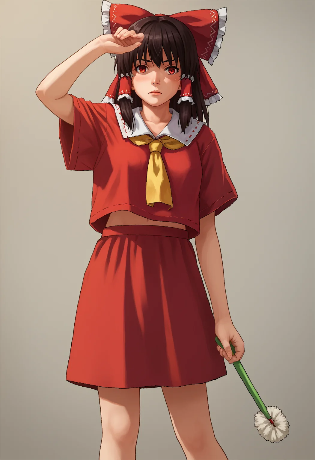 score_7_up, source_anime, uncensored, 1girl,standing, holding toilet brush, solo, arm up, hakurei reimu