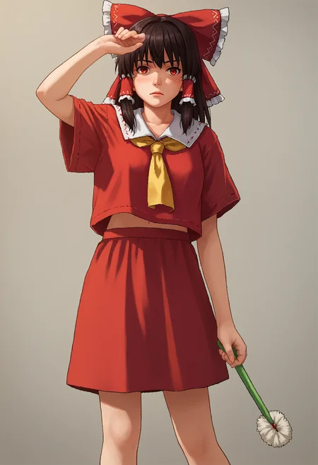 score_7_up, source_anime, uncensored, 1girl,standing, holding toilet brush, solo, arm up, hakurei reimu