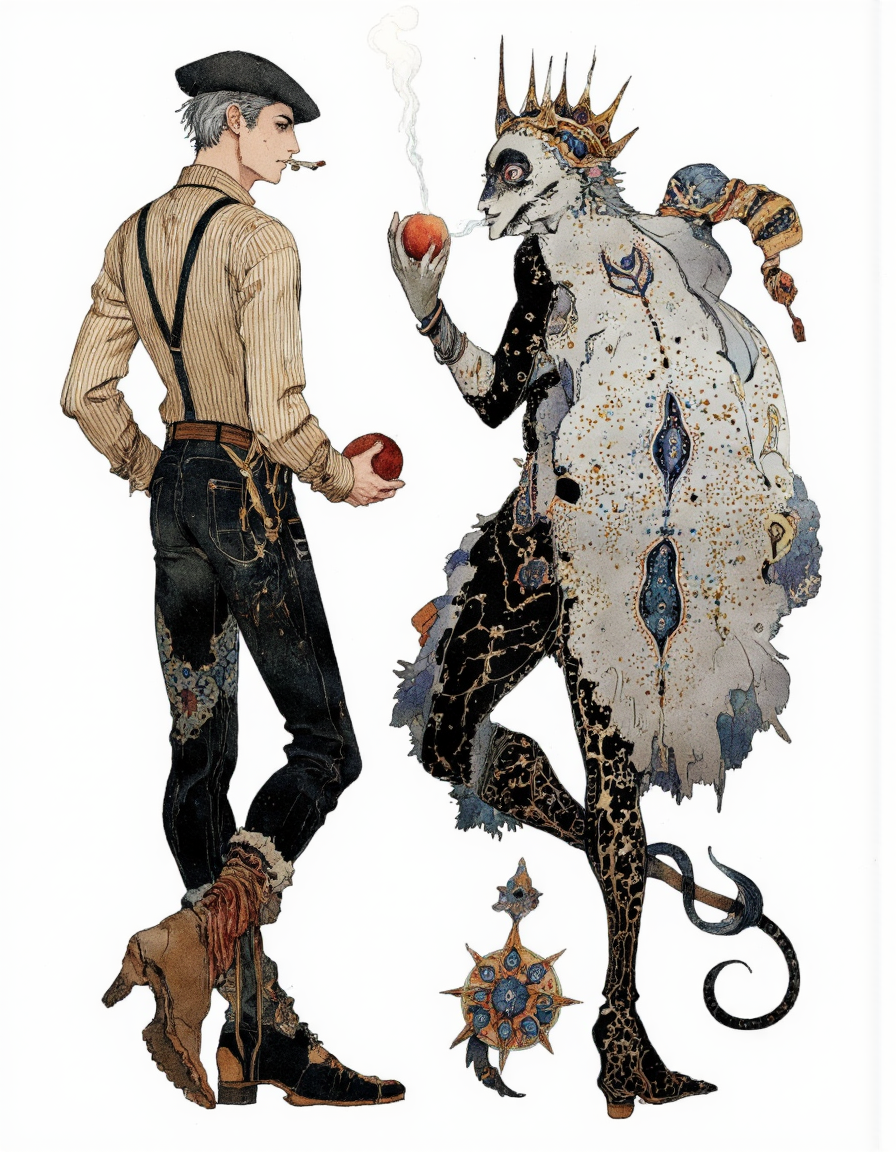 Art by Akiya Kageichi. A stylized illustration shoot from a profile camera angle about a stylized male character with elaborate patterns and a mythical creature. the image also shows a male character standing with his back to the viewer, wearing a striped shirt and suspenders, holding an apple in one hand and a cigarette in the other. on the left side of the image, a man with grey hair appears to be in his mid-twenties, with short hair styled in a neat manner. he has a slim body and is facing away from the viewer. he is wearing a beige striped shirt with black suspenders and a black beret on his head. his facial expression is neutral, and he is holding a red apple in his right hand. on his right side, a humanoid creature with a long, flowing tail and a crown-like headdress is standing with its tail curled around its body. the creature's body is covered in intricate, paisley-like patterns in shades of grey, black, and white, and its eyes are large and expressive. the background is a plain white, which contrasts with the stylized character and creature.